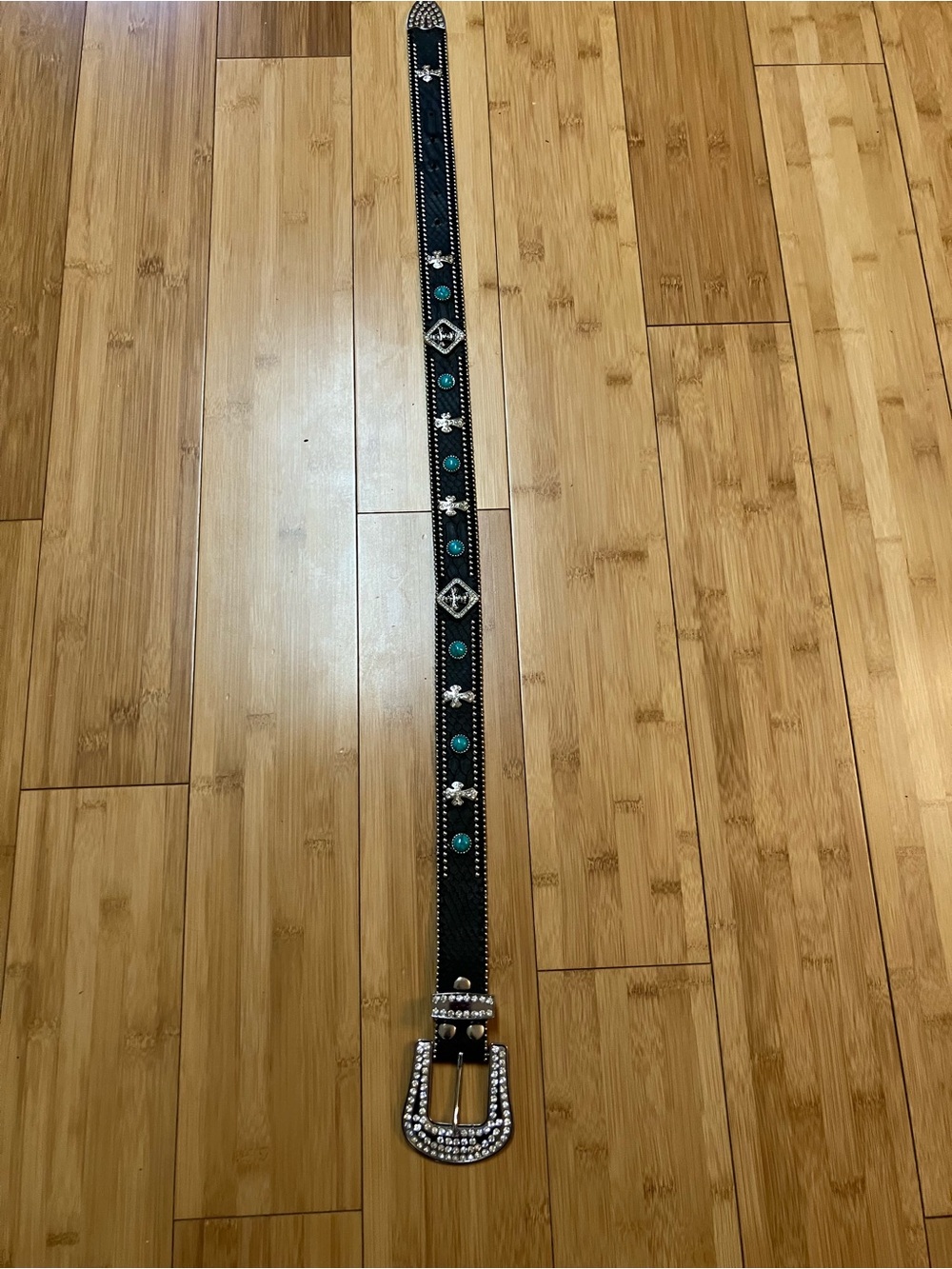 Western-Inspired Black Leather Belt with Turquoise Accent Stones